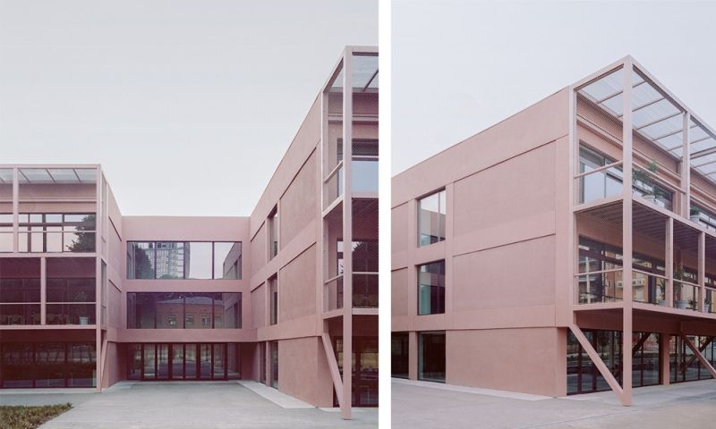 Imagen de la entrada del edificio y de la nueva piel del edificio