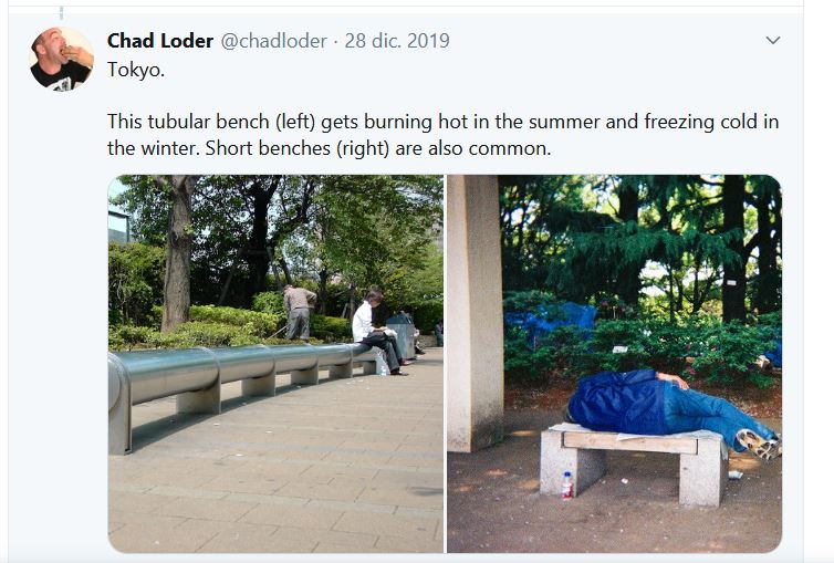 Denuncia social en Twitter de Chad Loder "Tokio. Este banco tubular (izquierda) arde en verano y se congela en invierno. Los bancos pequeños (derecha) también son comunes". Extraido de Twitter.