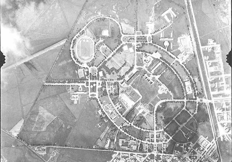 Fotografía histórica de la vista aérea del campus de la Universidad Nacional de Colombia